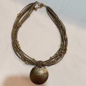 Joan Rivers Beaded Necklace Multi Strand Goldtone Hammered Pendant w/ Medallion